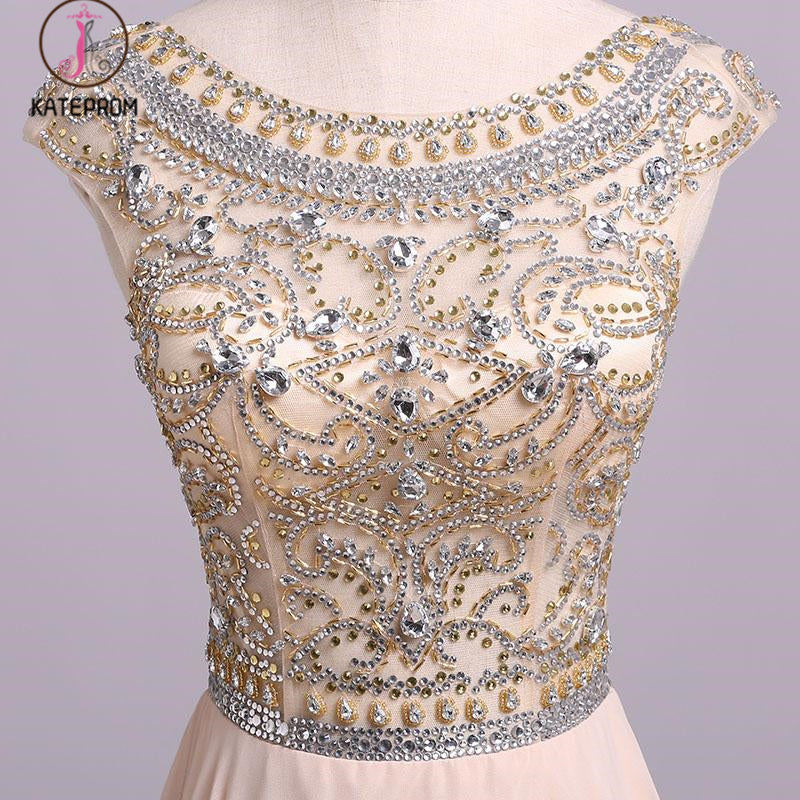 A Line Floor Length Scoop Chiffon Prom Dress, Beading Long Evening Dresses KPP0572