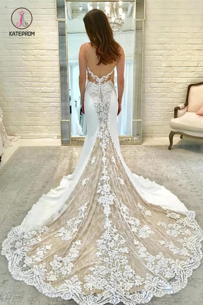 Illusion Long Sleeve Lace Mermaid Wedding Dresses, Gorgeous Long Bridal Dresses KPW0370