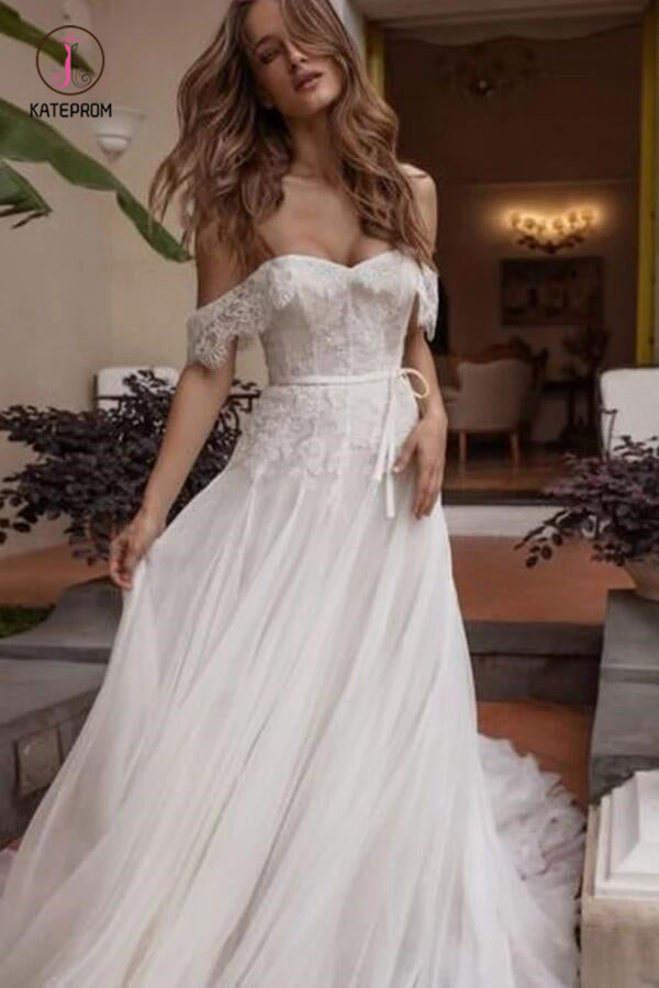 A-line Off Shoulder Beach Wedding Dress with Lace, Boho Wedding Dresses with Belt KPW0425