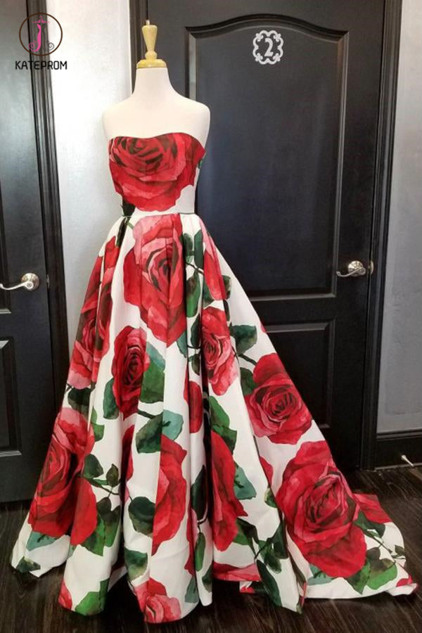 Princess Strapless Sleeveless Floral Long Prom Dress, Sweep Train Ruched Graduation Dress KPP0474