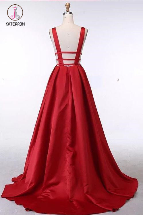 Unique V Neck Red Sleeveless Long Prom Dress, A Line Evening Dress with Open Back KPP0600