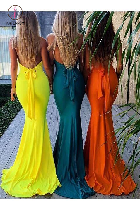 Sexy Deep V-Neck Halter Bridesmaid Dress, Mermaid Bright Backless Long Bridesmaid Dress KPB0176