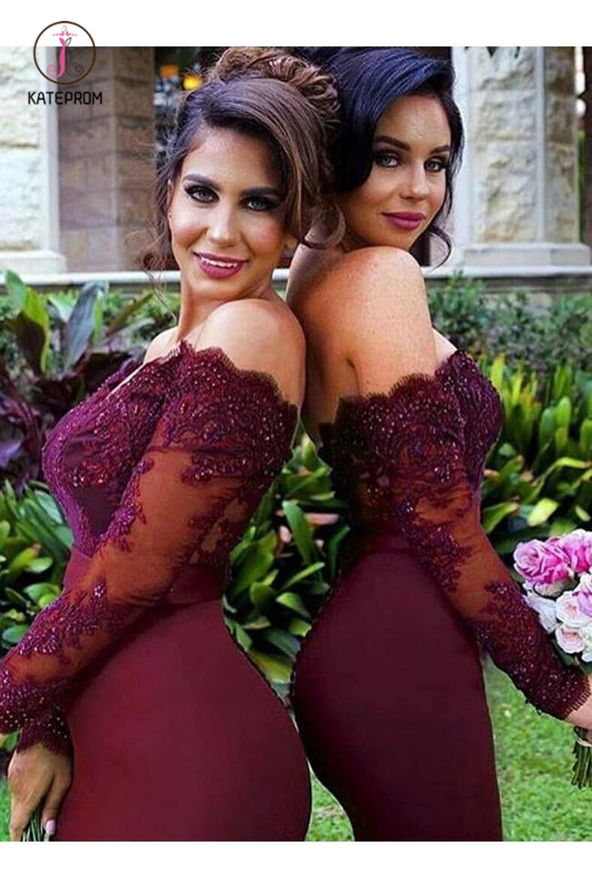 Mermaid Off-the-Shoulder Long Sleeves Bridesmaid/Prom Dress with Lace Appliques KPB0108