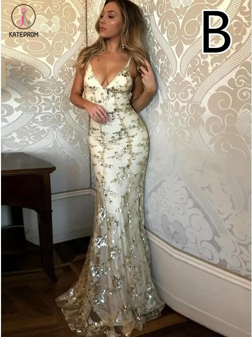 Spaghetti Straps V-neck Mermaid Sparkly Tulle Evening Dress,Long Prom Gowns KPP0274