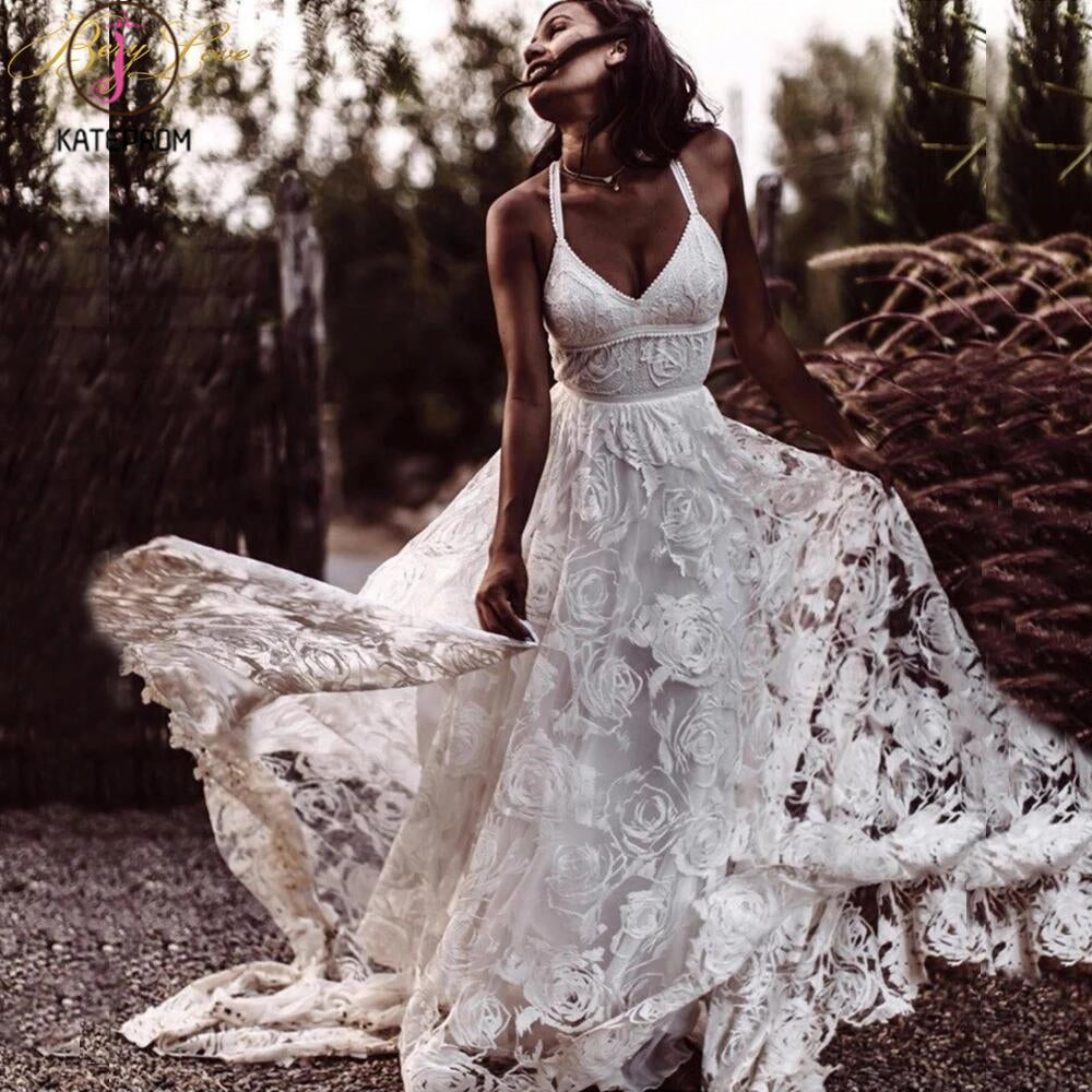 Straps Long Lace Wedding Dresses, Charming Lace Beach Wedding Dresses KPW0461