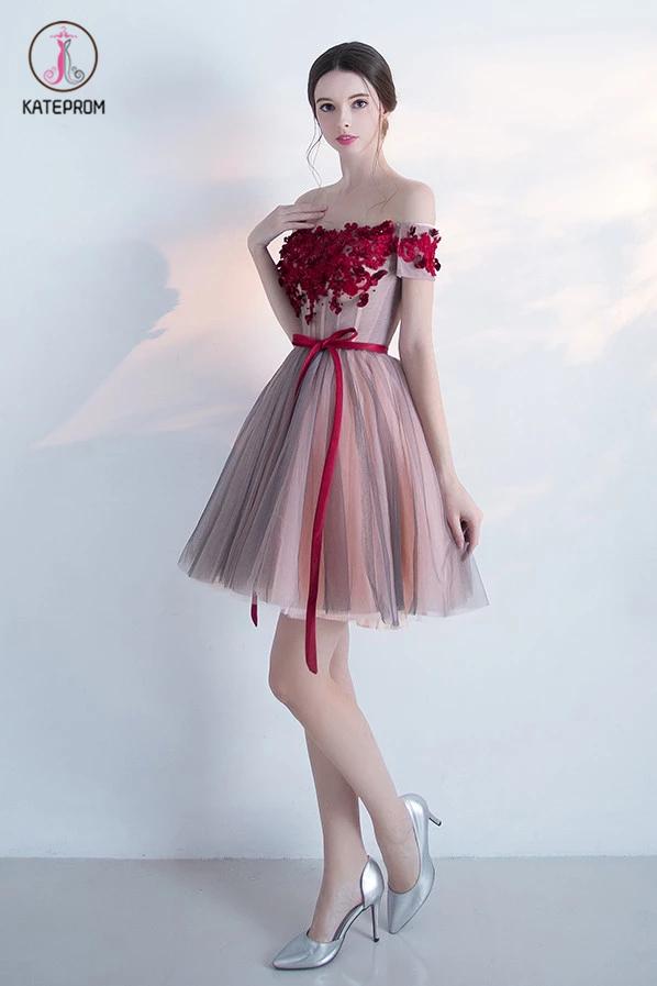 Off-the-shoulder Cocktail Dress,Short Homecoming Dress With Red Appliques,Mini Dress With Belt KPH0143