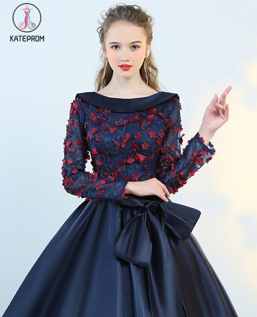 Puffy Flower Applique Floor Length Long Sleeve Satin Party Dress With Bowknot KPP0590