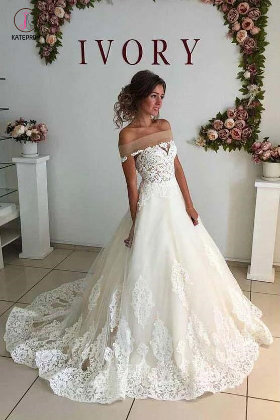 Sexy Ivory Off-Shoulder Sweep Train Wedding Dresses Lace applique Bridal Dresses KPW0186