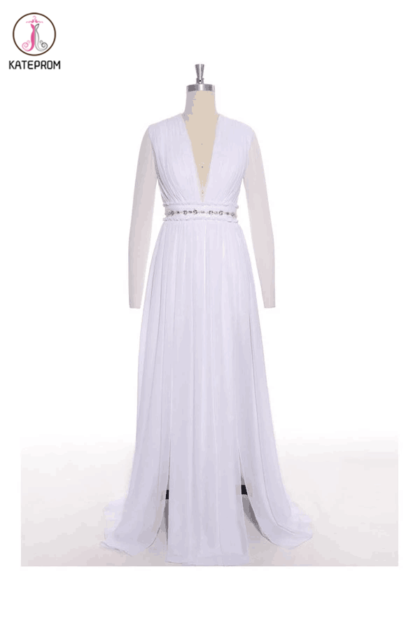 Simple White Chiffon Deep V-neck Long Wedding Dresses KPW0009