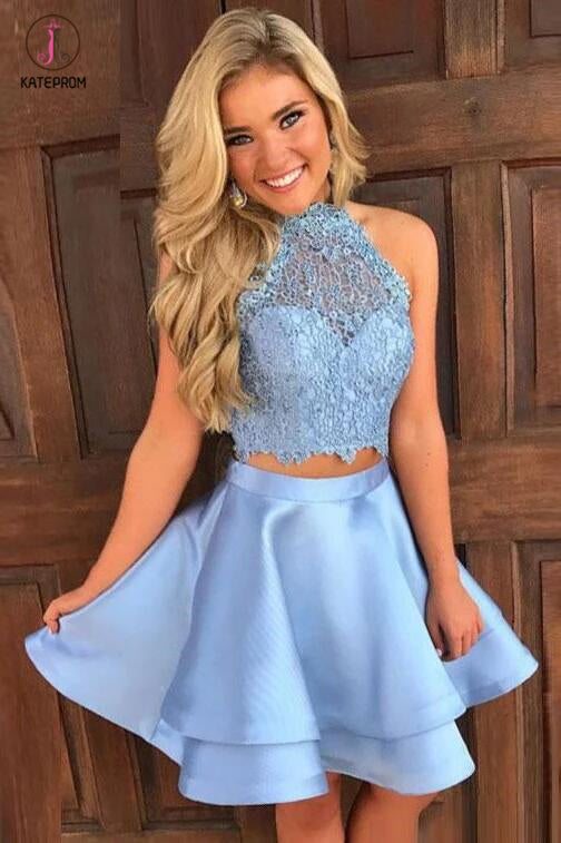 Princess Halter Two Piece Homecoming Dresses,Mini Sleeveless Lace Short Prom Dresses KPH0111