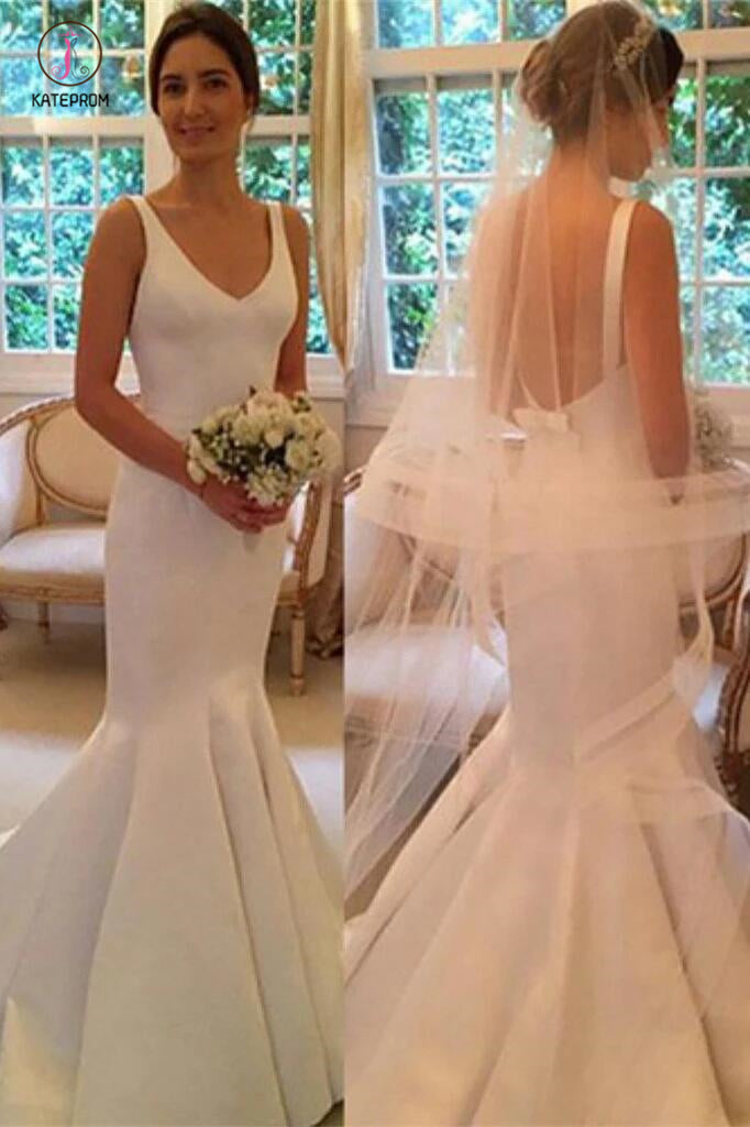 Newest Mermaid V-neck Sleeveless Simple Backless Wedding Dresses With Train KPW0264