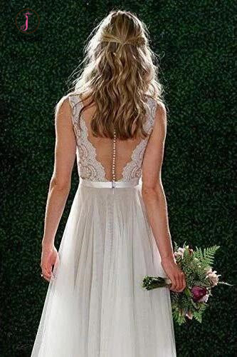 A Line Floor Length V Neck Sleeveless Tulle Beach Wedding Dress with Lace KPW0518