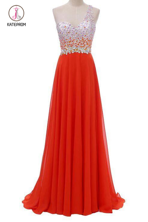 Red One Shoulder A-Line Rhinestone Bodice Chiffon Long Bridesmaid Dress,Prom Gown KPB0100