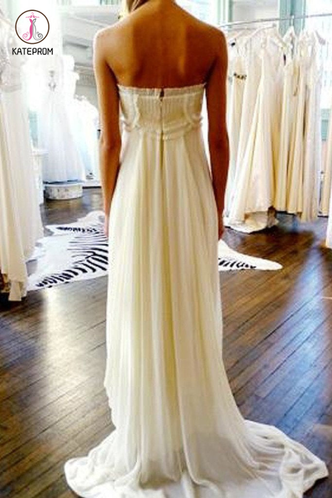 Unique Strapless Sweep Train Zipper Natural Ivory Ruffles Beach Wedding Dresses KPP0476