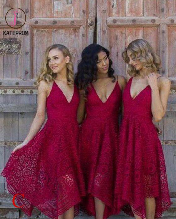 Pink V-neck Straps Tea Length Asymmetrical Lace Bridesmaid Dress,Midi Homecoming Dress KPB0004