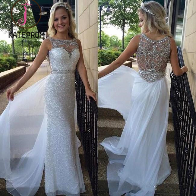 White Sequin Shiny Long Chiffon Prom Dresses,Beading Prom Dress,Sexy School Dancing Dress KPP0137