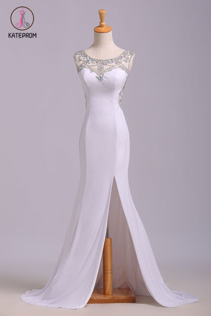 White Mermaid Sleeveless Split Prom Dress with Sequins, Sweep Train Dress with Rhinestones KPP0576
