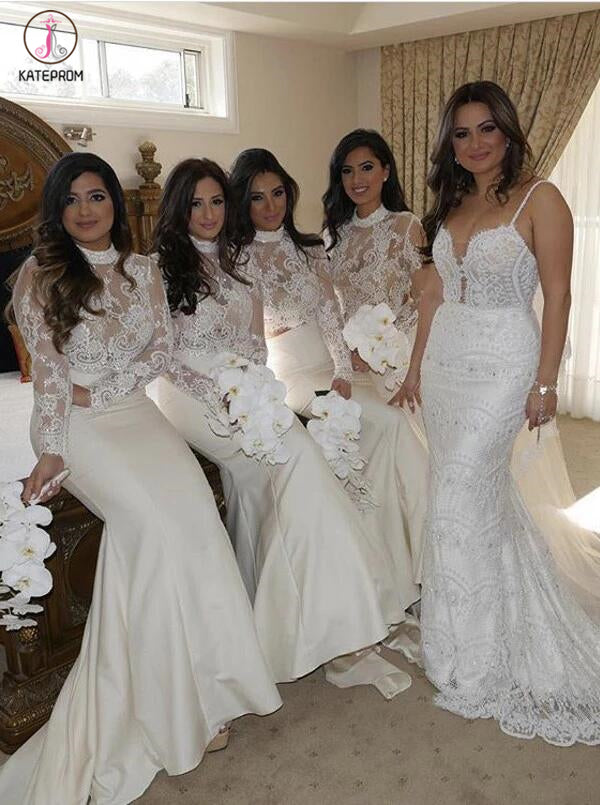 Elegant Mermaid High Neck Long Sleeve Ivory Stain Bridesmaid Dress with Lace Top KPB0074