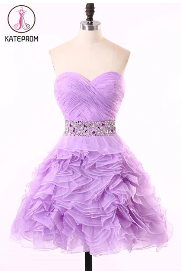 Crystal Ruched Purple Organza Prom Dresses Homecoming Dress KPH0082