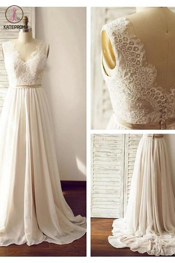 V-neck Backless Wedding Gown,Long Chiffon Bridal Dress,Sleeveless Lace Beach Wedding Dresses KPW0012