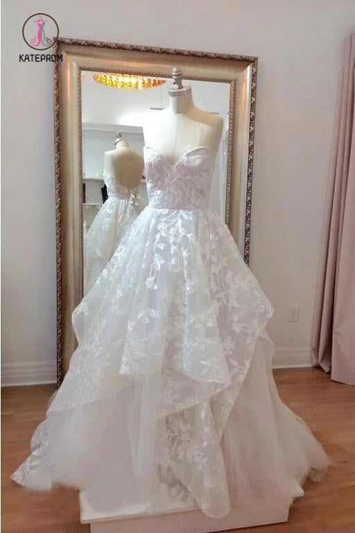 A-line Sweetheart Lace Appliqued Wedding Dresses Court Train Wedding Dress KPW0455