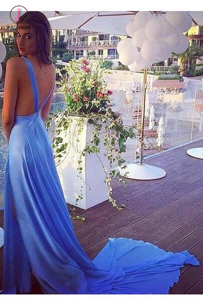 Blue Sleeveless V Neck Long Prom Dress,Split Court Train Evening Dresses KPP0426