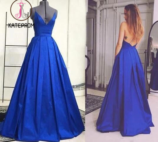 Open Back V-neck Prom Gowns,Straps Prom Dress Royal Blue Evening Dresses,Formal Dress KPP0200