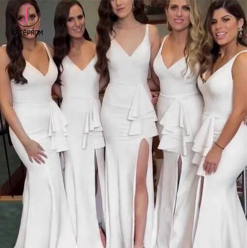 Sexy V-Neck Side Slit Mermaid Bridesmaid Dresses, White Straps Bridesmaid Dress KPB0154