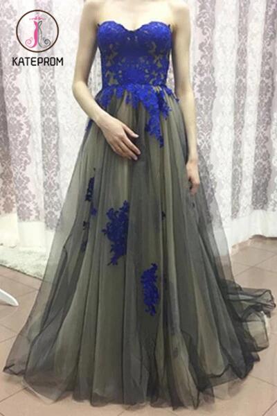Sweetheart Tulle Royal Blue Appliqued Prom Dresses,Strapless Prom Gowns,Long Formal Dresses KPP0194