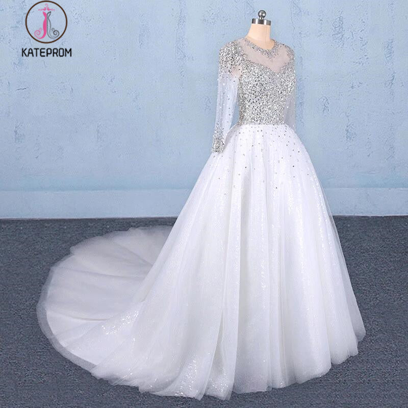 Puffy Long Sleeves Tulle White Wedding Dress, Shiny Long Bridal Dresses KPW0487
