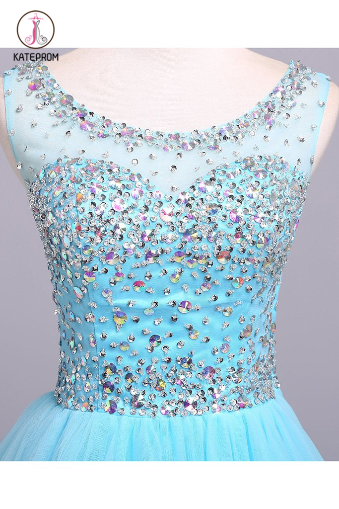 Blue Scoop Sleeveless Tulle Prom Dress with Sequins, Floor Length Puffy Evening Dress KPP0567