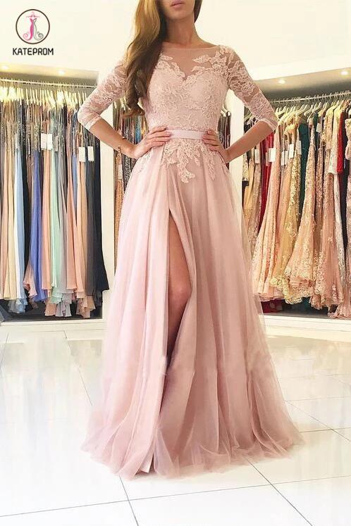 Blush Pink A-line Bateau Split Backless Lace Appliques Tulle Long Prom Dresses with Sleeves KPP0231