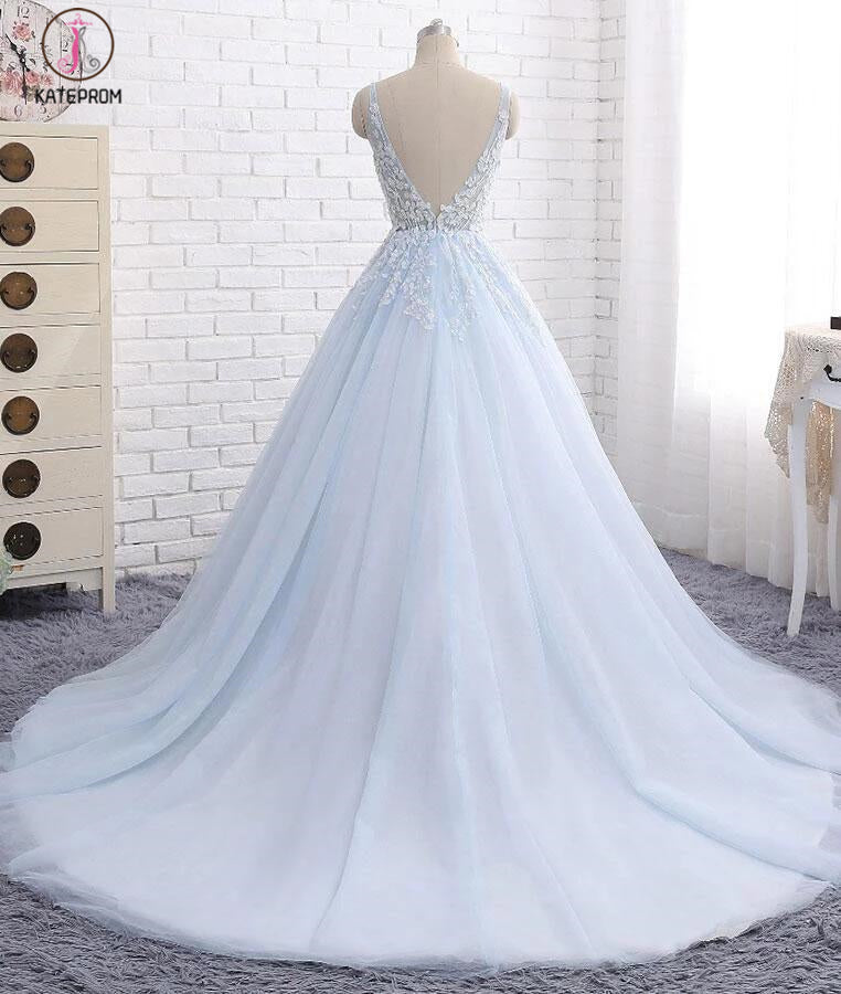Light Blue V Neck Sleeveless Ball Gown Wedding Dress, Appliqued Tulle Bridal Dresses KPW0248