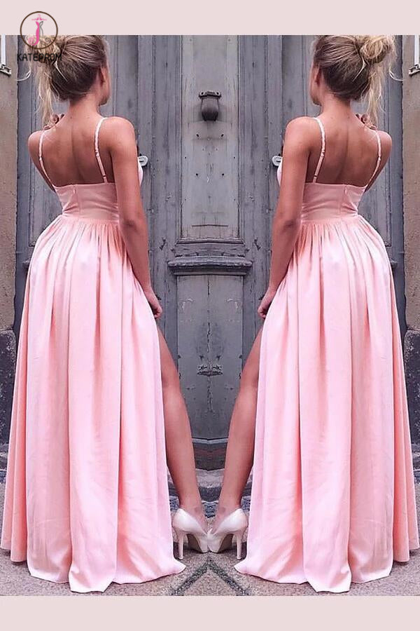 Simple A-Line Sleeveless Straps Floor-Length Ruched Slit Chiffon Prom Dresses KPP0435