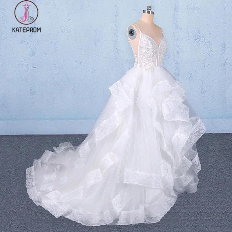 Spaghetti Straps Floor Length Tulle Wedding Dress with Ruffles, Long Bridal Dress KPW0489