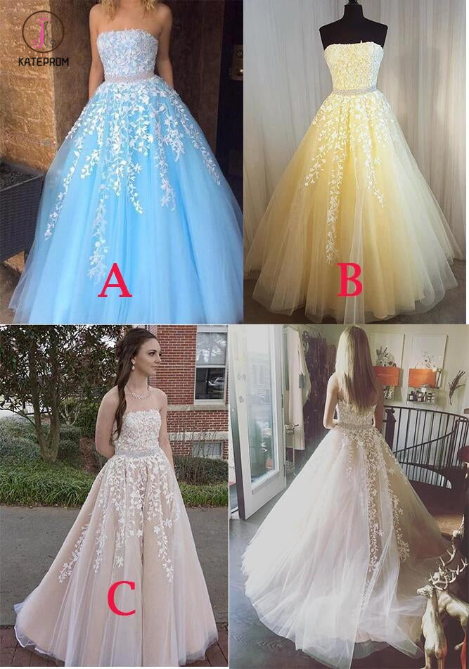 Princess Sky Blue Strapless A-line Tulle Floor-length Prom Dress with White Appliques KPP0325