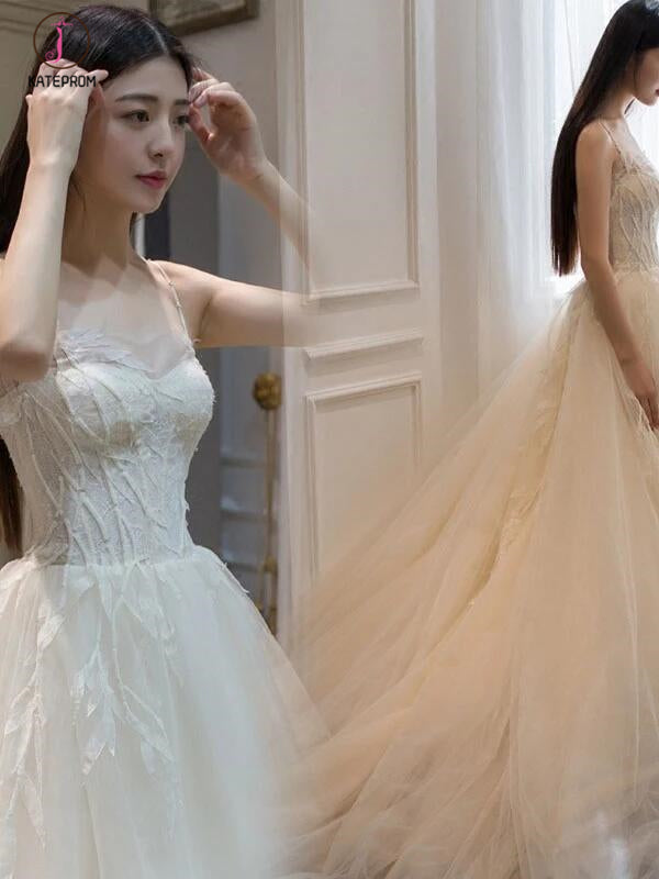 Ivory Spaghetti Straps Appliques A Line Court Train Tulle Beach Wedding Dress KPW0253