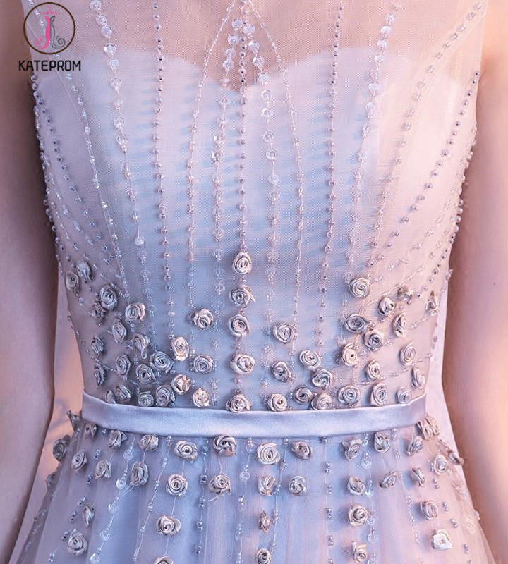 Gray Sleeveless Tulle Long Prom Dress with Beads, A Line Formal Dress with Flowers KPP0510