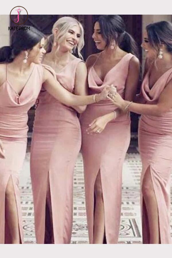 Charming Cowl Neck Split Long Bridesmaid Dresses, Floor Length Sexy Bridesmaid Gown KPB0163