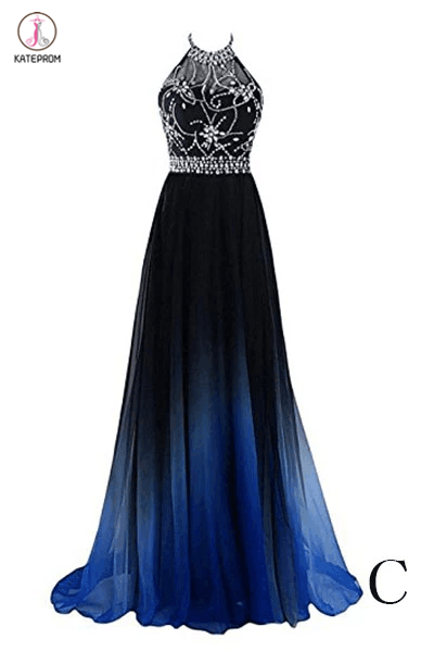 A-line Halter Gradient Chiffon Long Prom Dress Ombre Beads Evening Dresses KPP0209