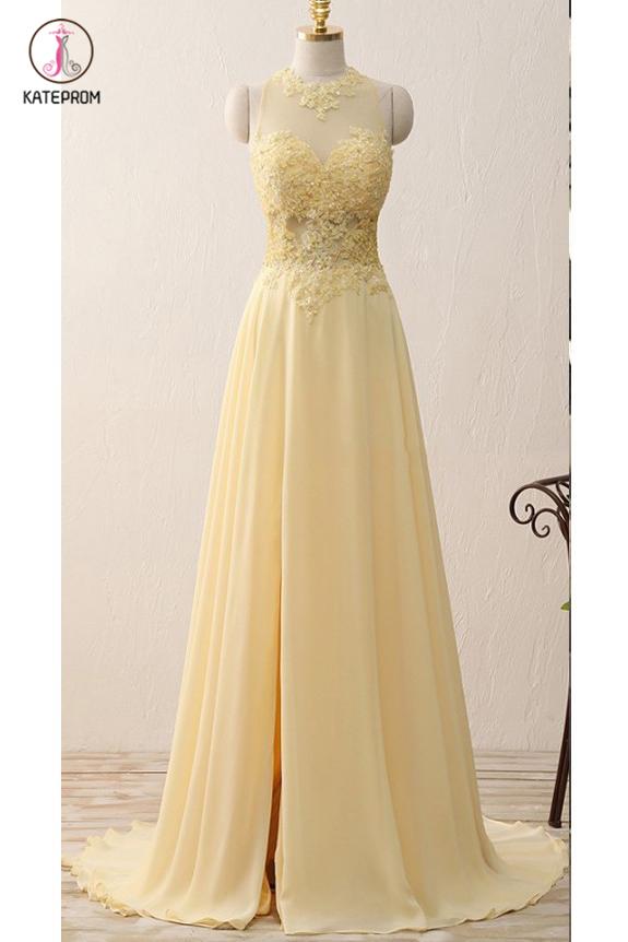 A Line Jewel Sleeveless Appliqued Prom Dress with Beading,Yellow Chiffon Evening Dress KPP0469