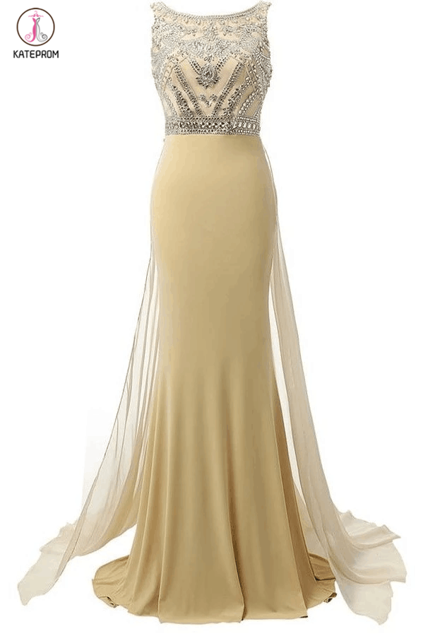 Beauty Mermaid Champagne Long Beaded Prom Party Dresses KPP0025