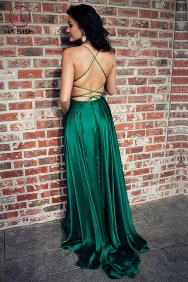 Emerald Green Spaghetti Strap Split Prom Dress, Sexy Long Evening Dress with Slit KPP0566