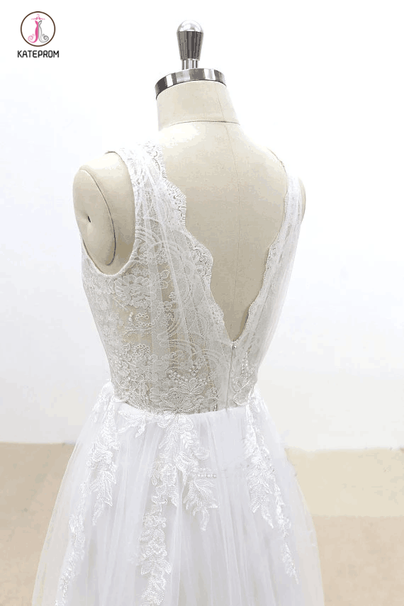 A Line V Neck Lace Appliqued Tulle Wedding Dress with V-Cut Back,Beach Wedding Dress KPW0196