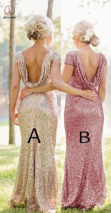 Sheath Sequined Cowl Floor-length Cap Sleeves Prom Dress,Bridesmaid Dresses KPB0056