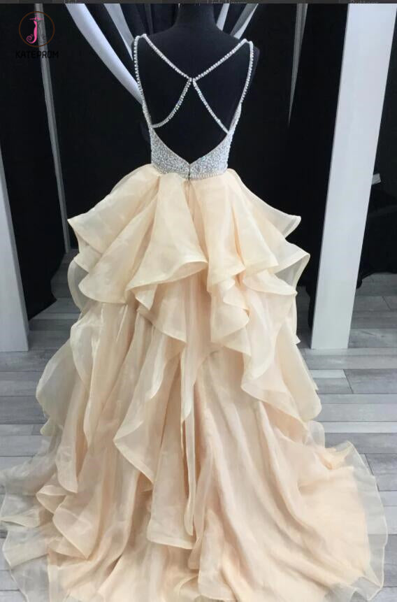 Luxurious Straps V-neck Beading Bodice Tulle Long Prom Dress with Layers KPP0394