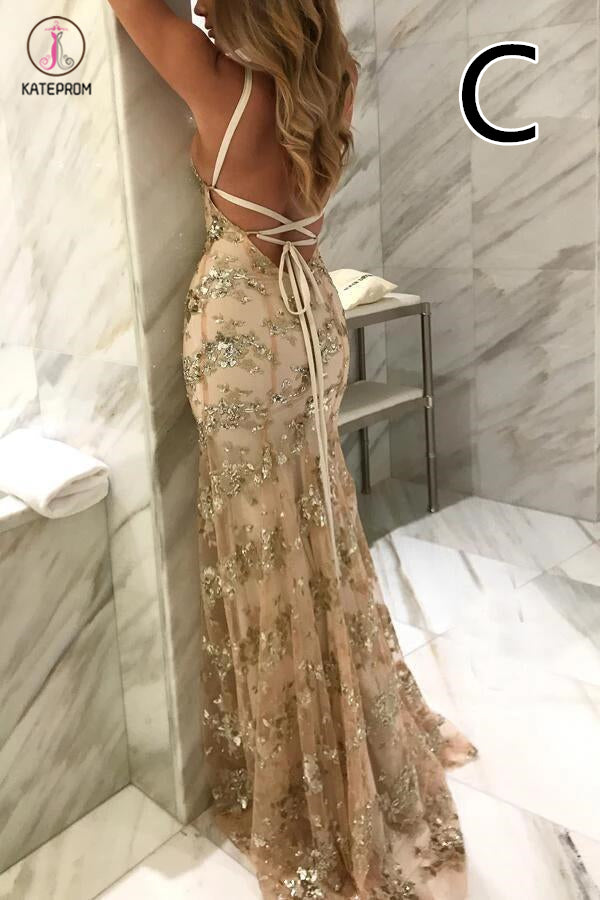 Spaghetti Straps V-neck Mermaid Sparkly Tulle Evening Dress,Long Prom Gowns KPP0274