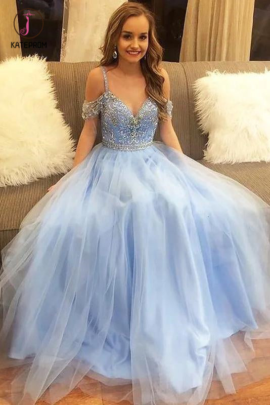 Floor Length Light Blue Straps Off Shoulder Tulle Prom Dress with Beading KPP0603