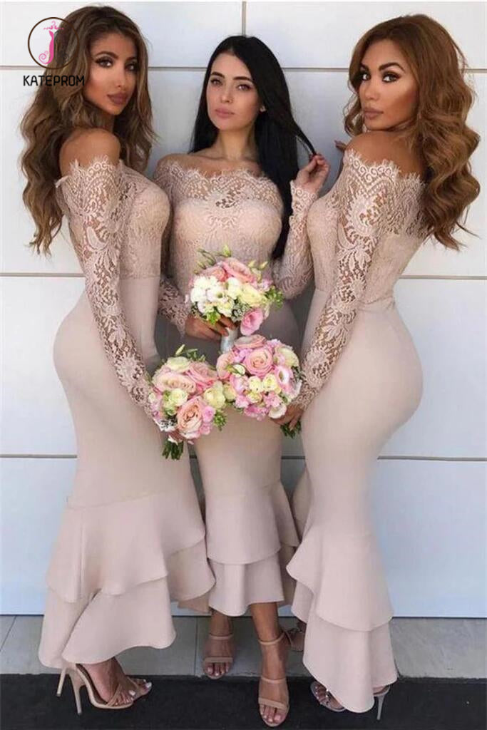 Long Sleeves Mermaid Sheath Lace Bridesmaid Dresses Chiffon Wedding Party Dresses KPB0167