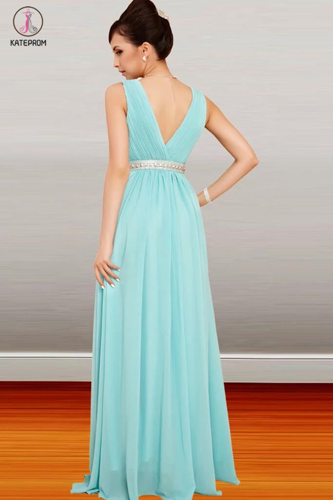 Deep V-neck Simple Chiffon Long Open Back Prom Dresses KPP0038